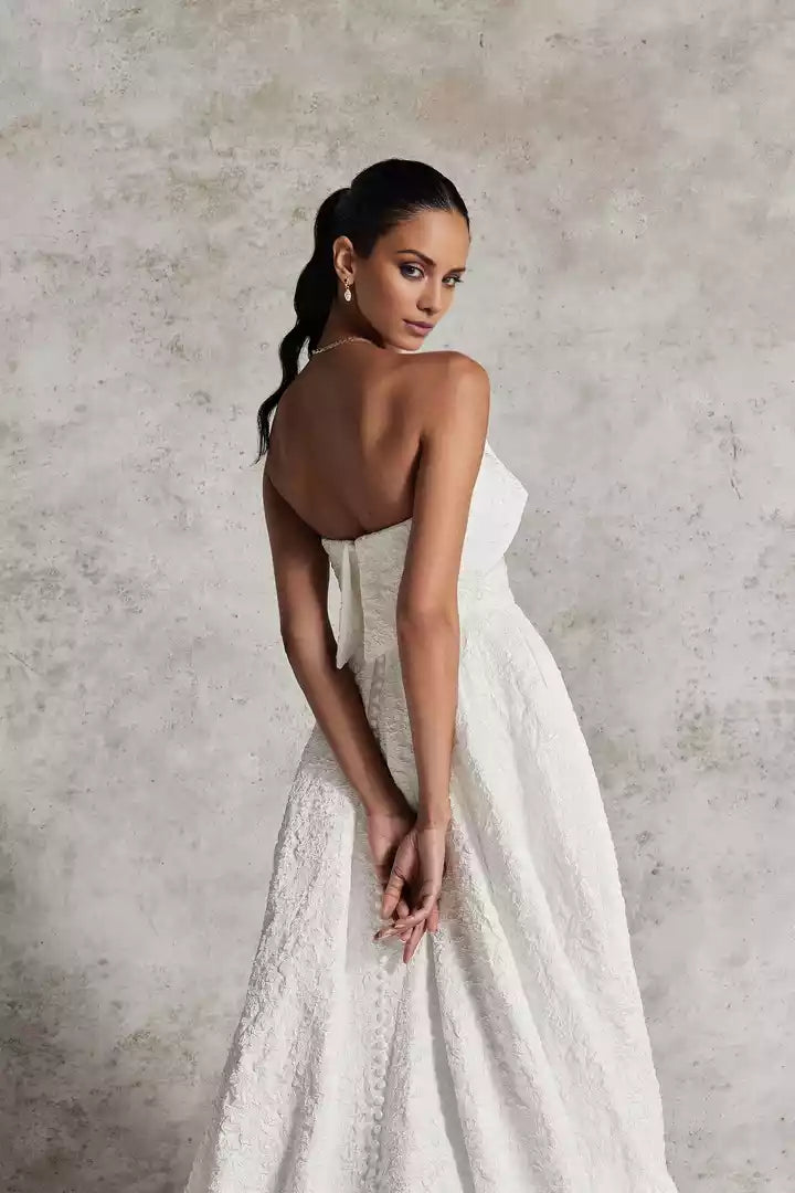 Brocade Cuff Neckline Ball Gown with Split Fork  Wedding Dress