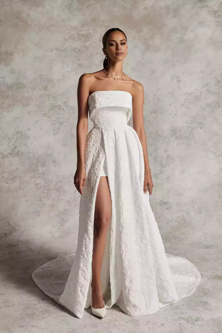 Brocade Cuff Neckline Ball Gown with Split Fork  Wedding Dress