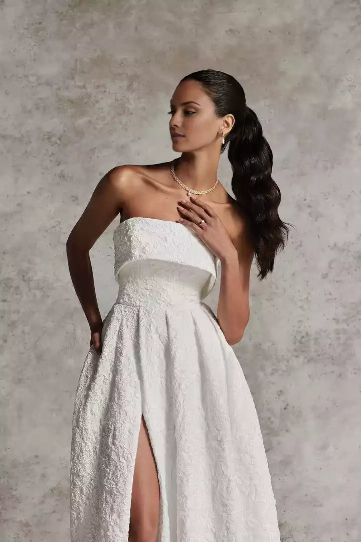 Brocade Cuff Neckline Ball Gown with Split Fork  Wedding Dress