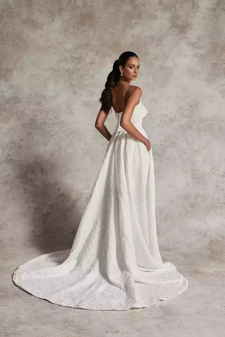 Brocade Cuff Neckline Ball Gown with Split Fork  Wedding Dress