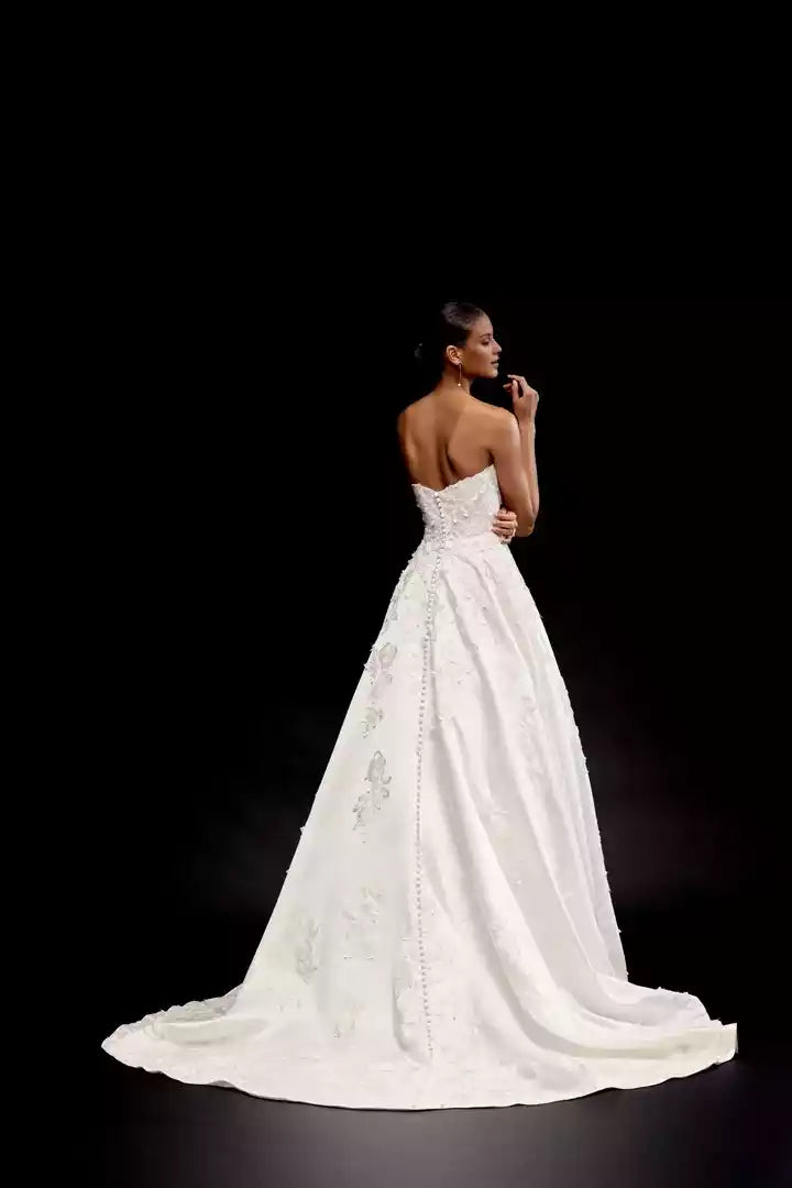 Brocade Fit and Flare Gown With Scoop Neckline and Skirt Slit Wedding Dress