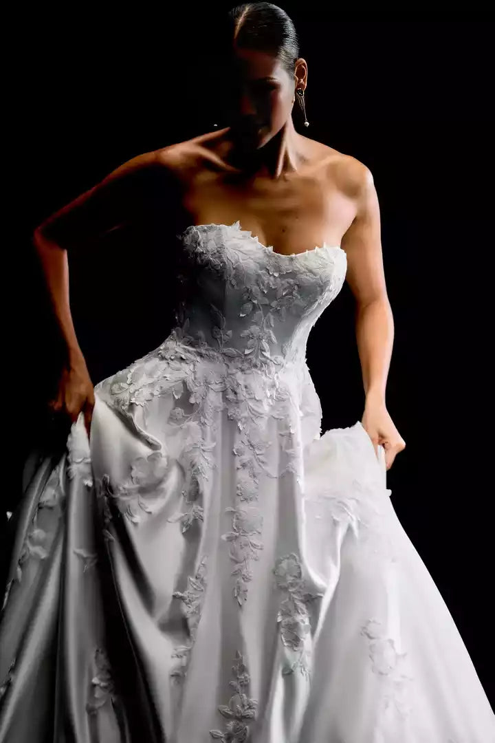 Brocade Fit and Flare Gown With Scoop Neckline and Skirt Slit Wedding Dress