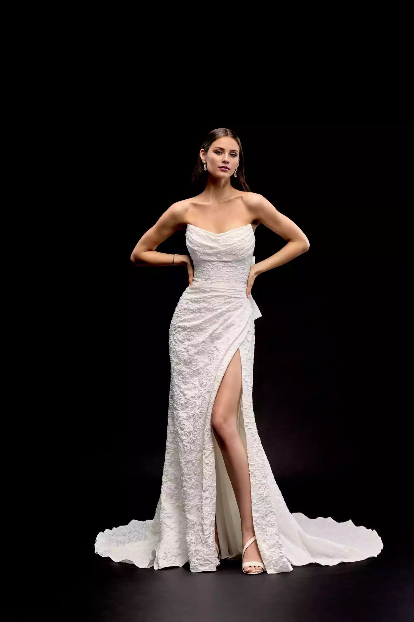 Brocade Fit and Flare Gown With Scoop Neckline and Skirt Slit Wedding Dress