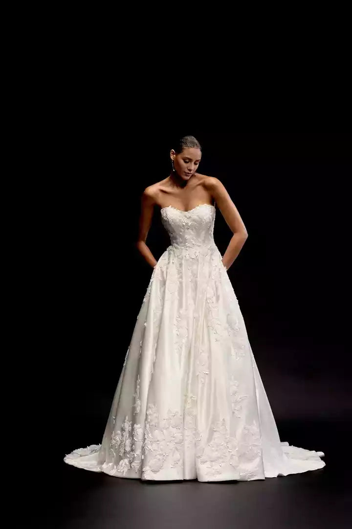 Brocade Fit and Flare Gown With Scoop Neckline and Skirt Slit Wedding Dress