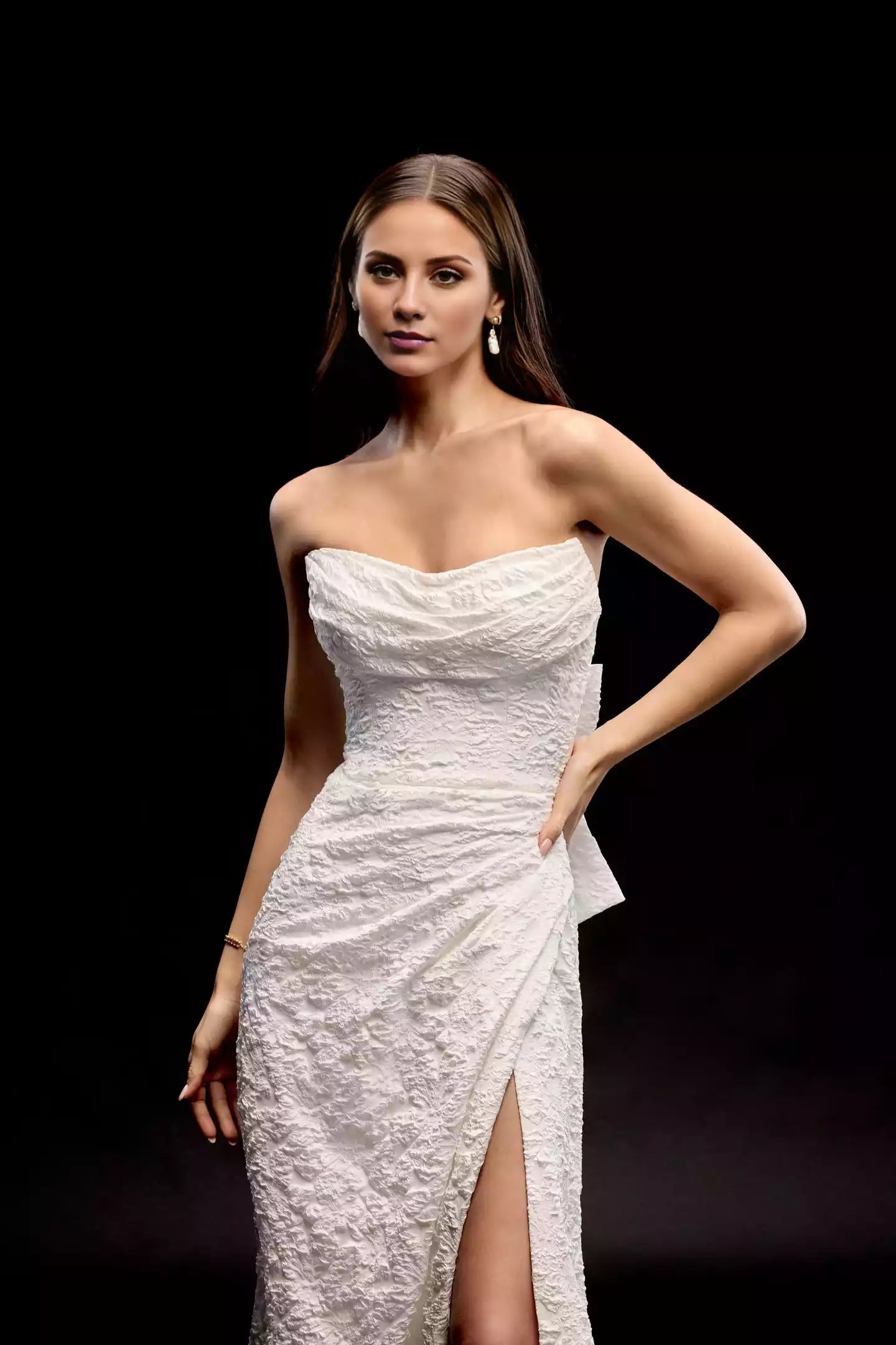 Brocade Fit and Flare Gown With Scoop Neckline and Skirt Slit Wedding Dress