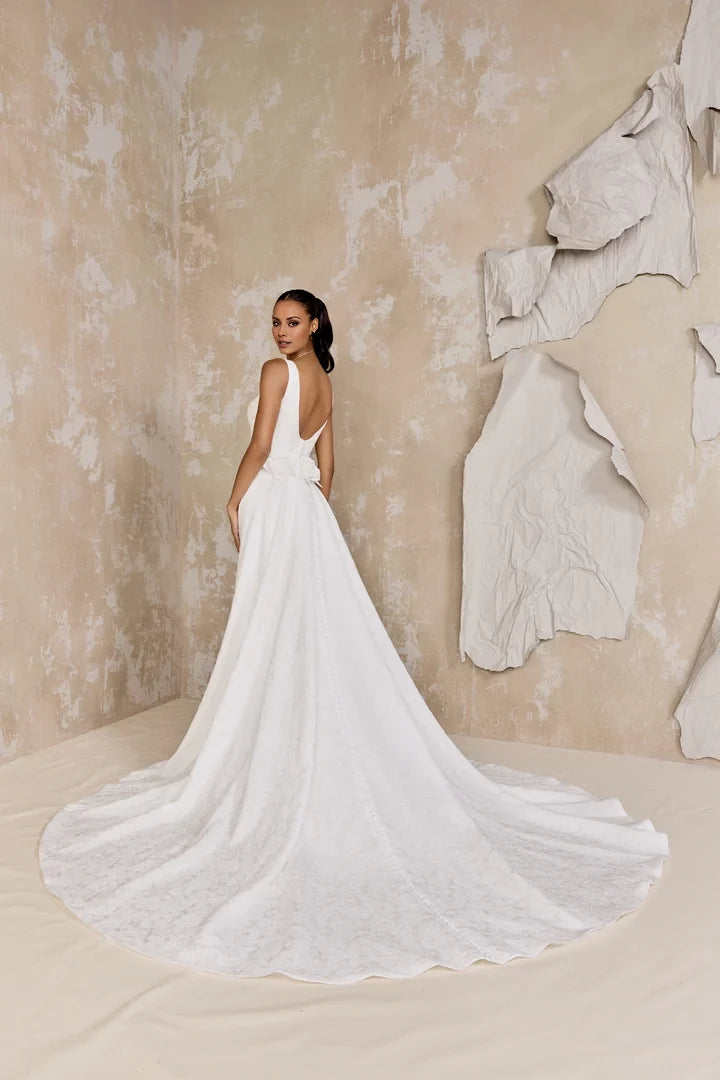Brocade Fit and Flare Gown with V-Neckline and Scoop Back Wedding Dresses