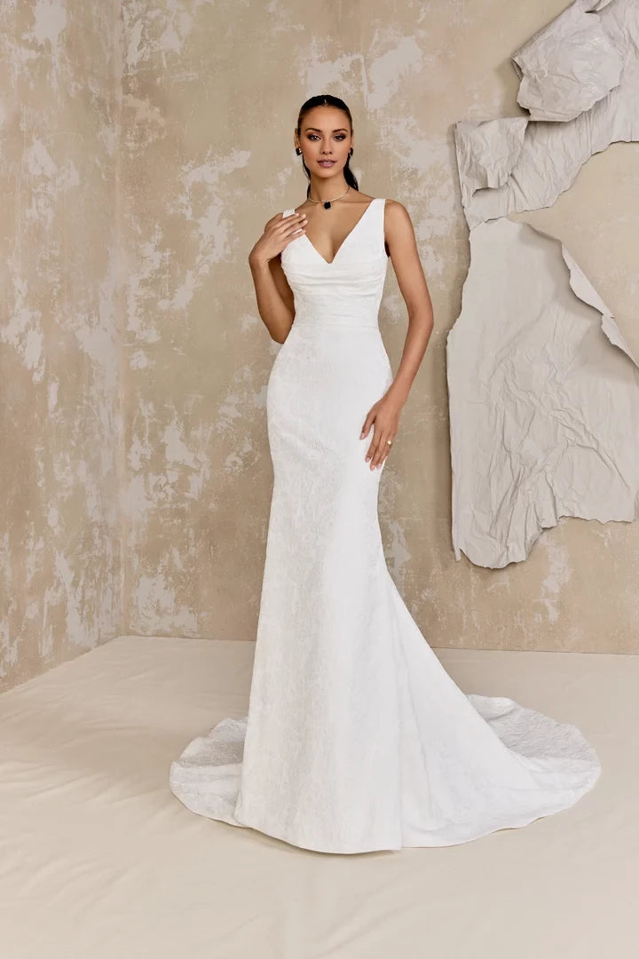 Brocade Fit and Flare Gown with V-Neckline and Scoop Back Wedding Dresses