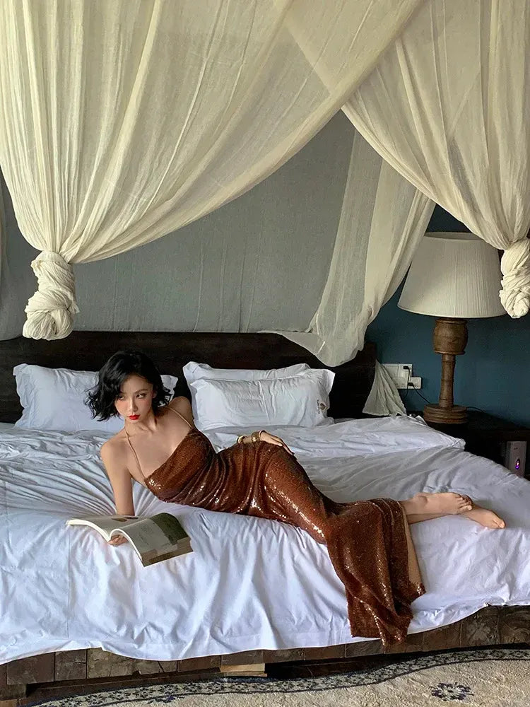 Bronze Sequin Cowl Neck Lace-Up Back Mermaid Gown