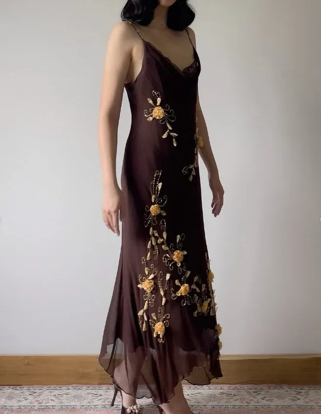 Brown Chiffon 3D Floral Beaded Maxi Slip Dress – Cowl Neck Spaghetti Strap Formal Evening Gown