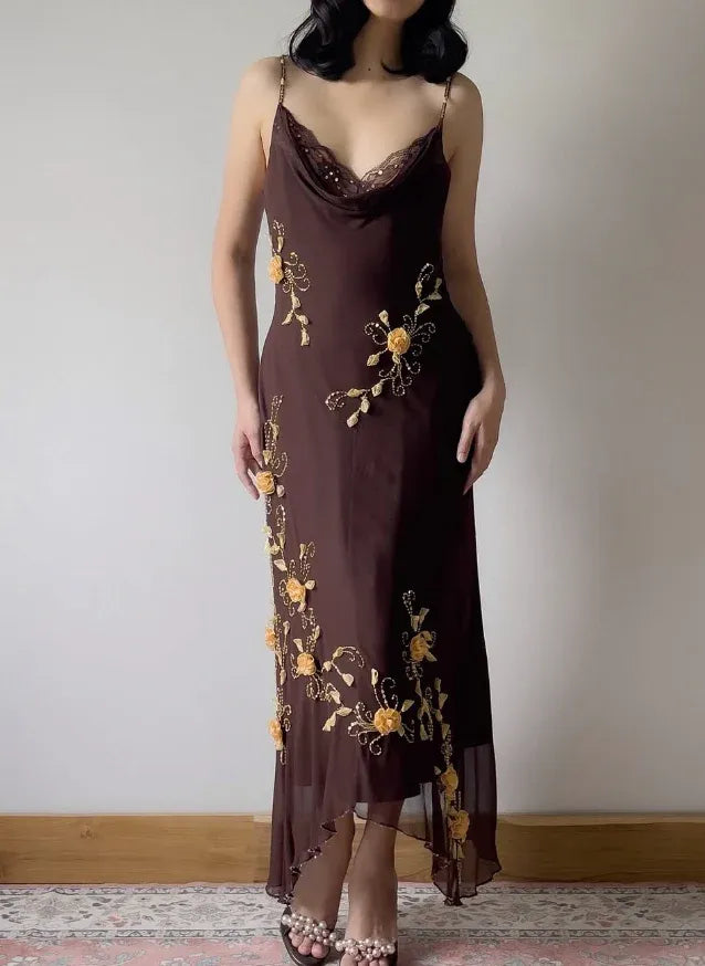Brown Chiffon 3D Floral Beaded Maxi Slip Dress – Cowl Neck Spaghetti Strap Formal Evening Gown
