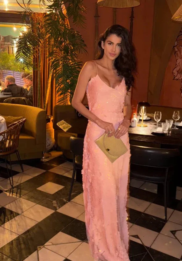 Bubblegum Pink Disc Sequin Spaghetti Strap Bodycon Maxi Dress