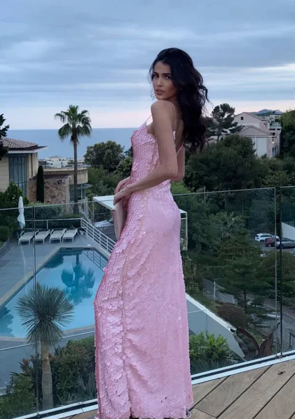 Bubblegum Pink Disc Sequin Spaghetti Strap Bodycon Maxi Dress