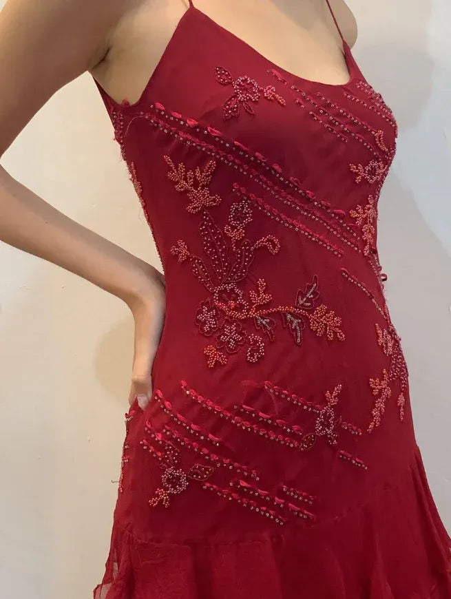Burgundy Beaded Spaghetti Strap Tiered Chiffon Midi Dress