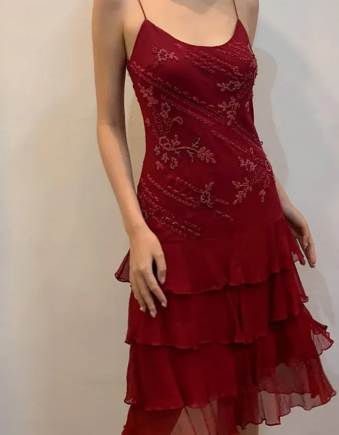 Burgundy Beaded Spaghetti Strap Tiered Chiffon Midi Dress