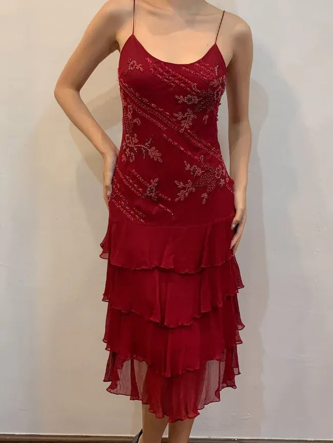 Burgundy Beaded Spaghetti Strap Tiered Chiffon Midi Dress