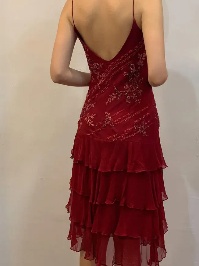 Burgundy Beaded Spaghetti Strap Tiered Chiffon Midi Dress