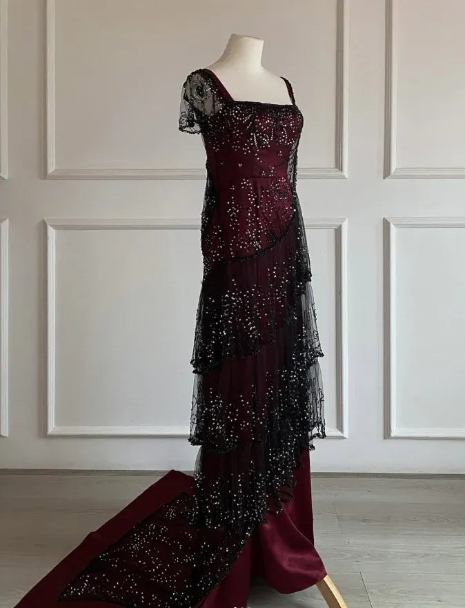 Burgundy/Black Beaded Vintage 1920s Gown – Titanic Rose Inspired Evening Dress