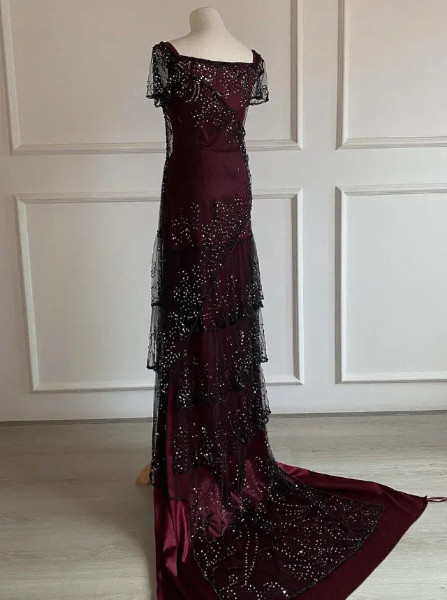 Burgundy/Black Beaded Vintage 1920s Gown – Titanic Rose Inspired Evening Dress