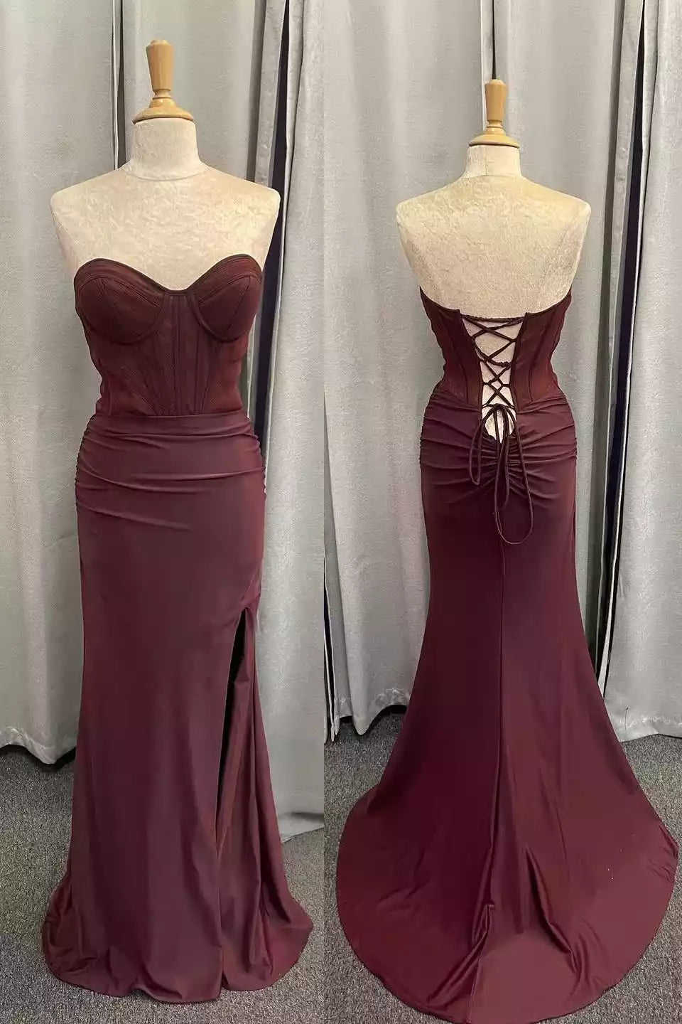 Burgundy Bustier Crisscross-Back Mermaid Gown – Elegant & Alluring Evening Party Dress