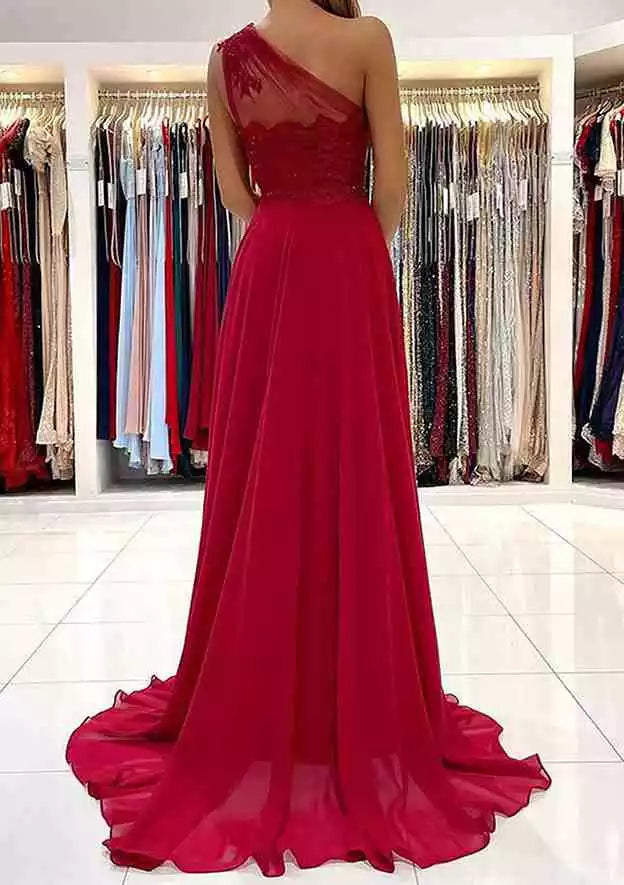 Burgundy Chiffon One-Shoulder Lace Gown – Romantic & Alluring Evening Party Dress