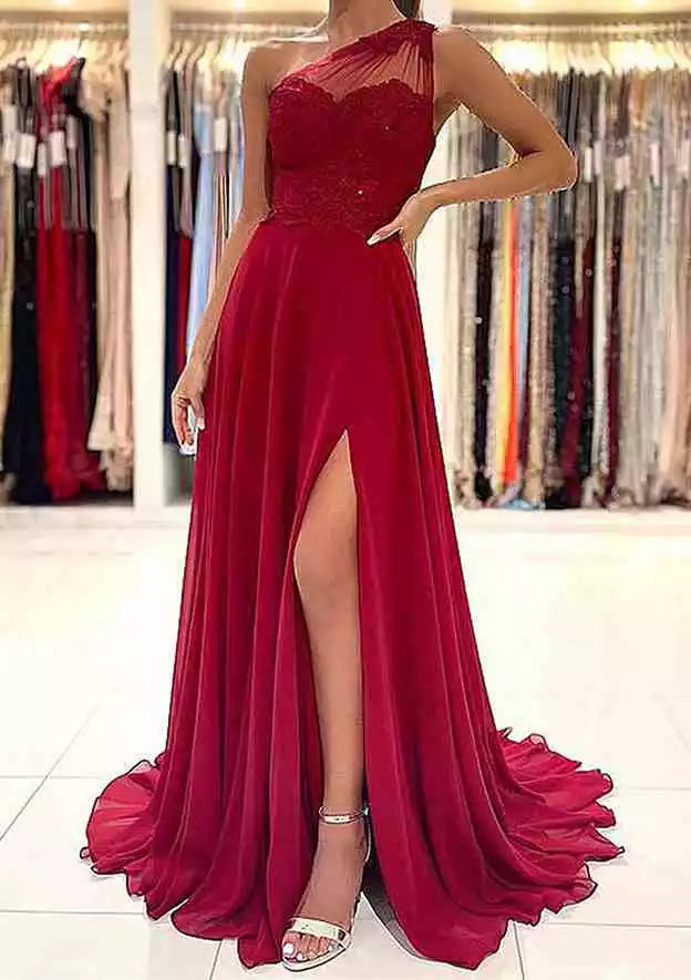 Burgundy Chiffon One-Shoulder Lace Gown – Romantic & Alluring Evening Party Dress