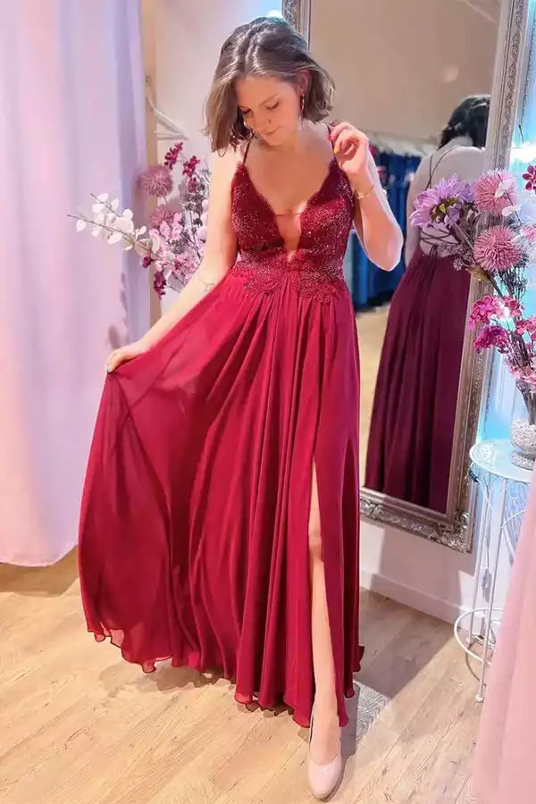 Burgundy Chiffon Sequin Bodice Crisscross Back Slit Gown – Glamorous & Bold Evening Party Dress