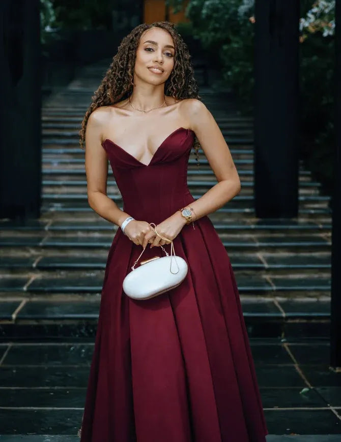 Burgundy Corset A-Line Maxi Dress – Strapless Sweetheart Formal Evening Gown