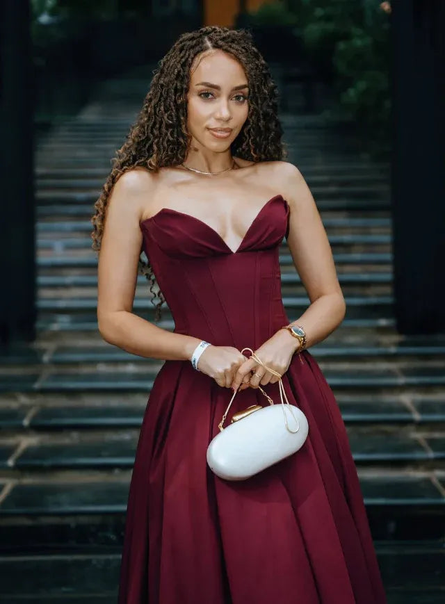 Burgundy Corset A-Line Maxi Dress – Strapless Sweetheart Formal Evening Gown