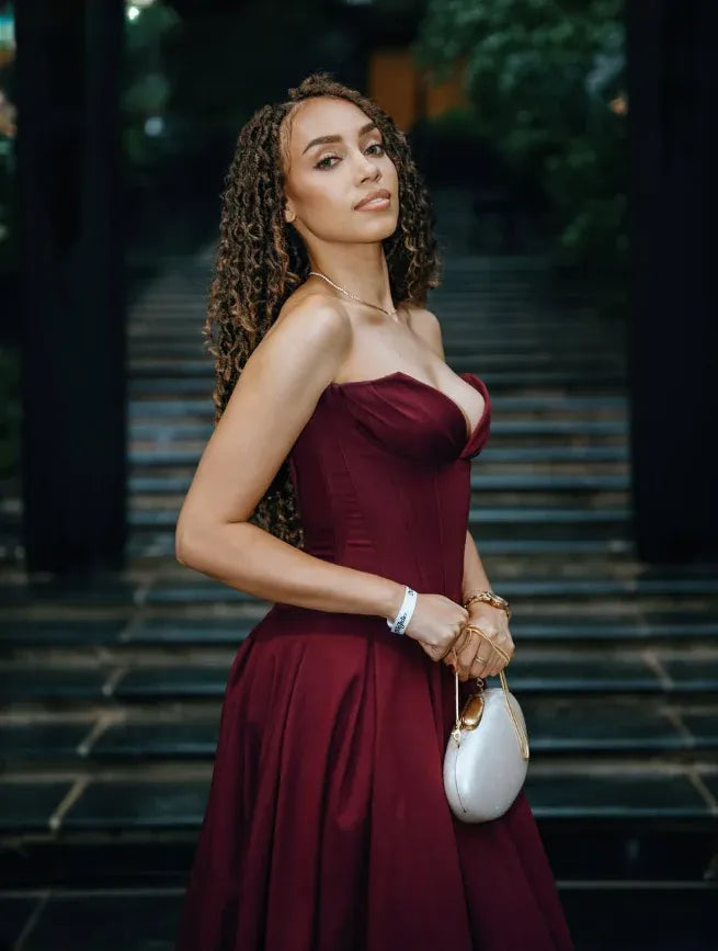 Burgundy Corset A-Line Maxi Dress – Strapless Sweetheart Formal Evening Gown