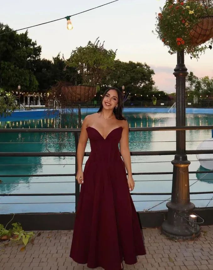 Burgundy Corset A-Line Maxi Dress – Strapless Sweetheart Formal Evening Gown