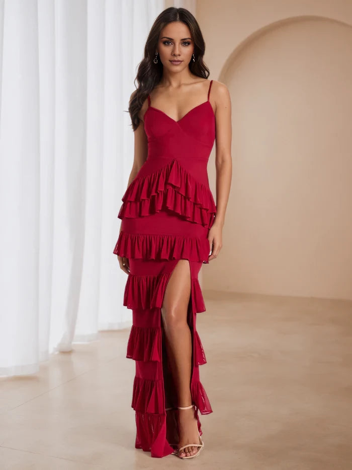 Burgundy Elegant Cutout Layered Ruffle High Split Prom Dresses