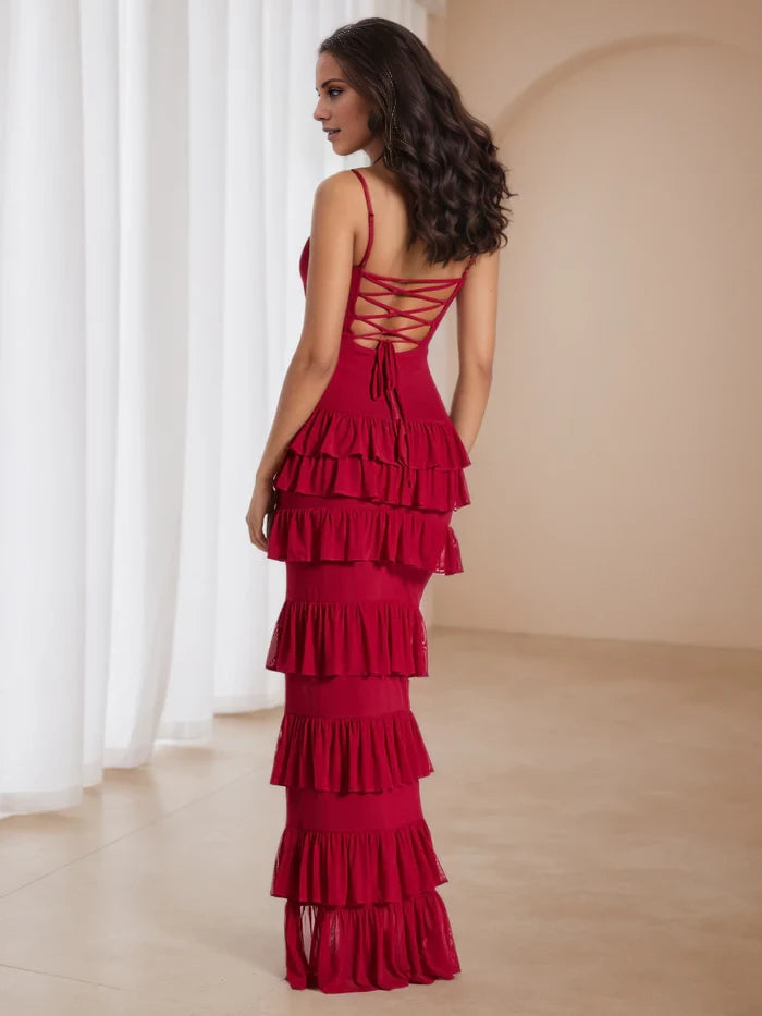 Burgundy Elegant Cutout Layered Ruffle High Split Prom Dresses