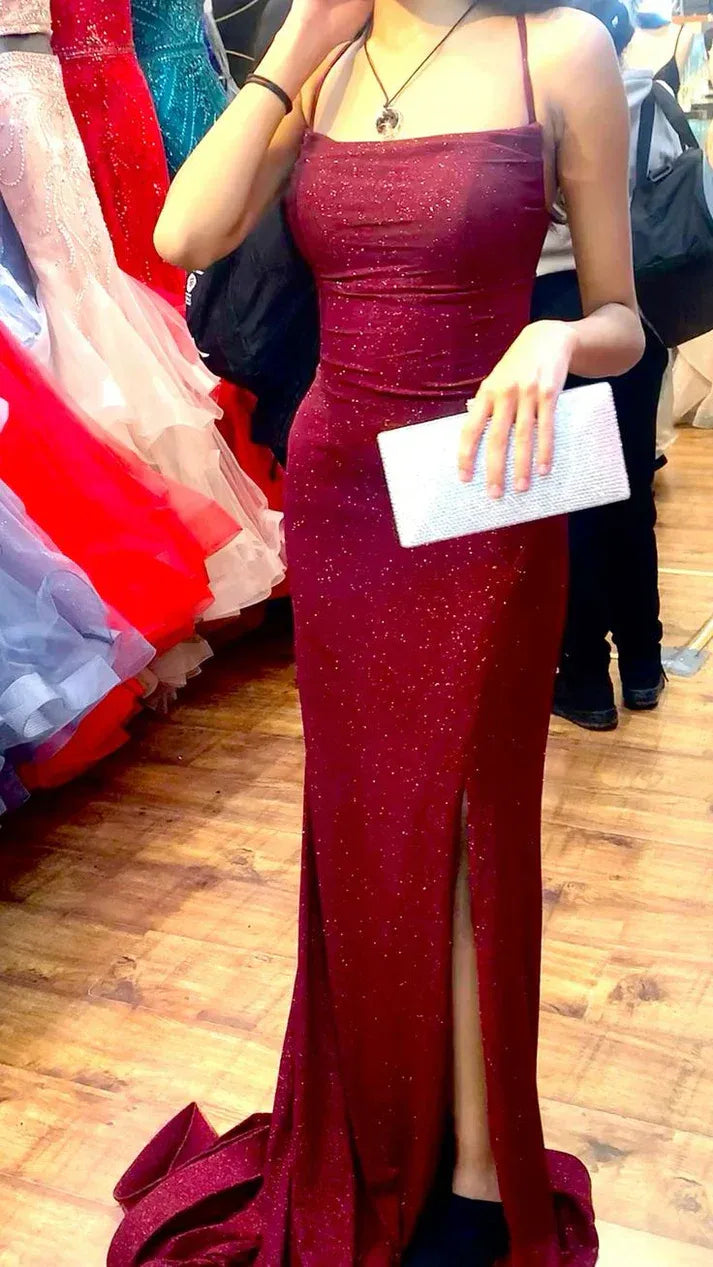 Burgundy Glitter Spaghetti Strap Mermaid Gown with High Slit & Train