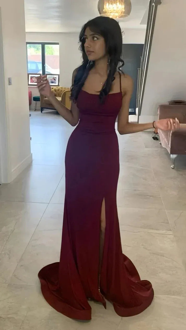 Burgundy Glitter Spaghetti Strap Mermaid Gown with High Slit & Train