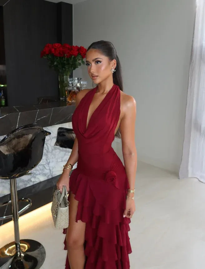 Burgundy Halter Maxi Gown – Cowl Neck Ruffle Hem Formal Dress with Slit and Rose Detail