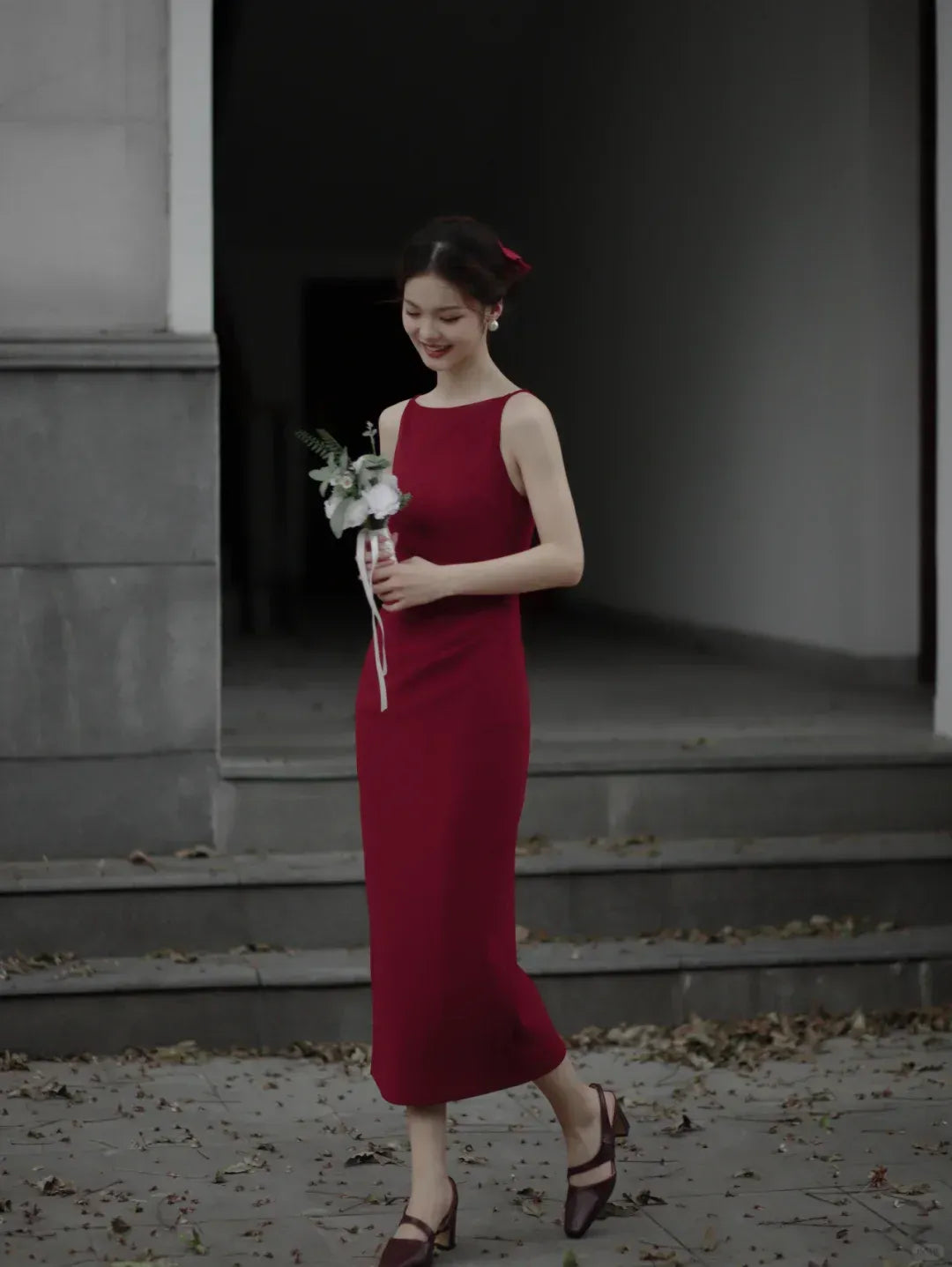 Burgundy Halter Neck Ruched Midi Dress with Slit