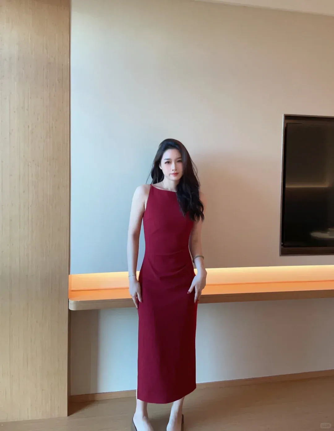 Burgundy Halter Neck Ruched Midi Dress with Slit