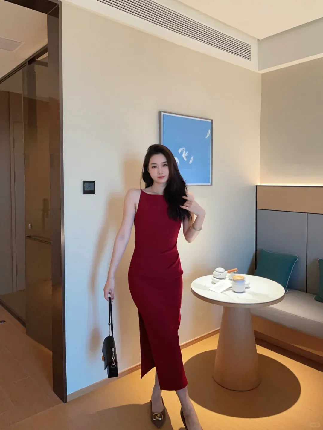 Burgundy Halter Neck Ruched Midi Dress with Slit