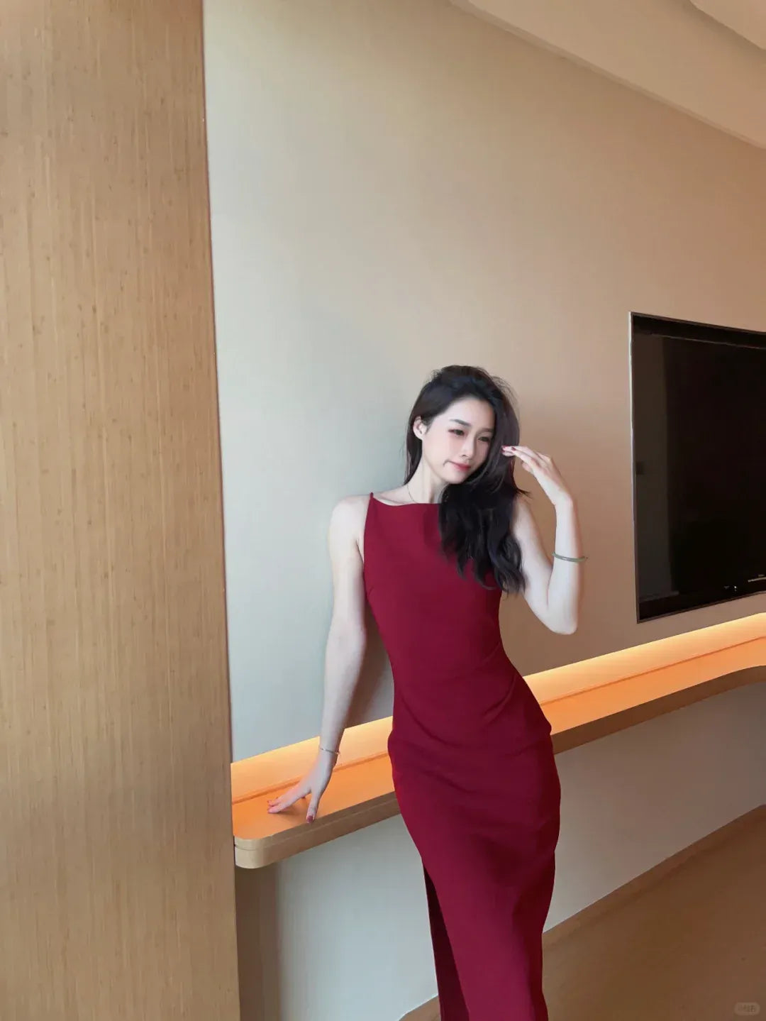 Burgundy Halter Neck Ruched Midi Dress with Slit