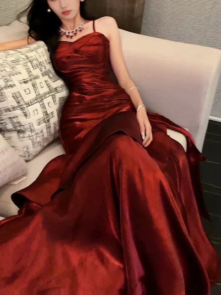 Burgundy Metallic Ruffle Mermaid Gown – Spaghetti Strap Ruched Formal Prom Dress
