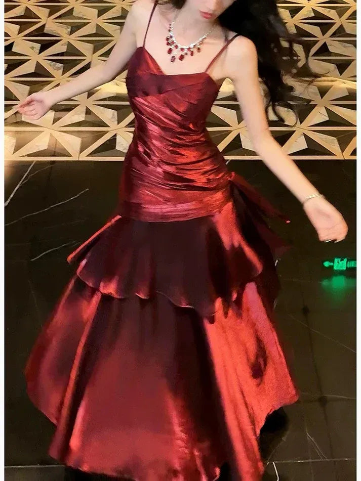 Burgundy Metallic Ruffle Mermaid Gown – Spaghetti Strap Ruched Formal Prom Dress