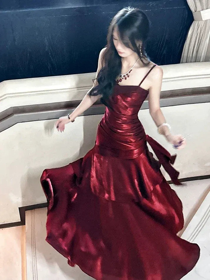 Burgundy Metallic Ruffle Mermaid Gown – Spaghetti Strap Ruched Formal Prom Dress