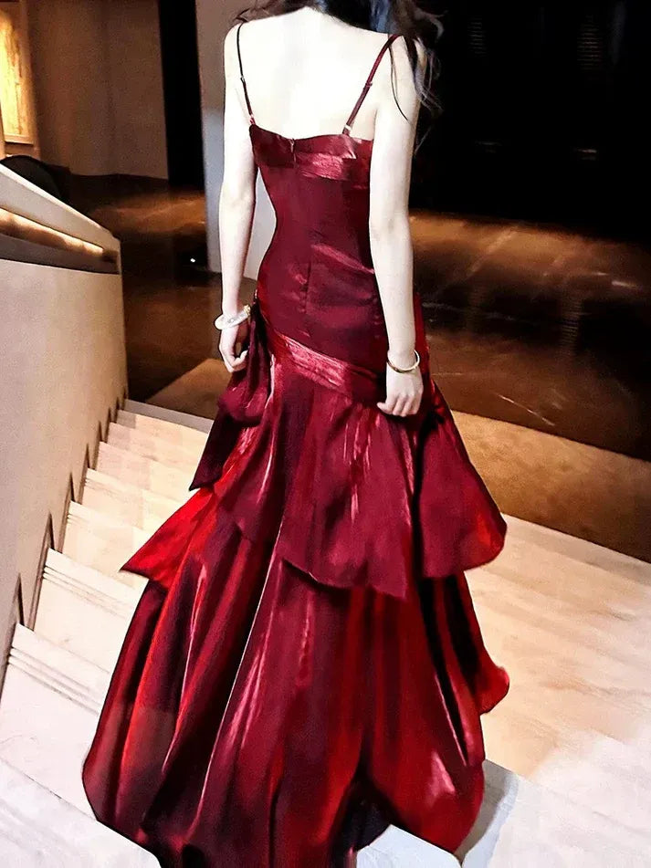 Burgundy Metallic Ruffle Mermaid Gown – Spaghetti Strap Ruched Formal Prom Dress