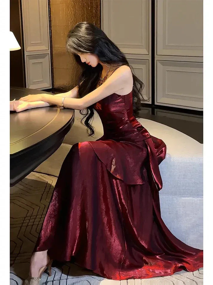 Burgundy Metallic Ruffle Mermaid Gown – Spaghetti Strap Ruched Formal Prom Dress