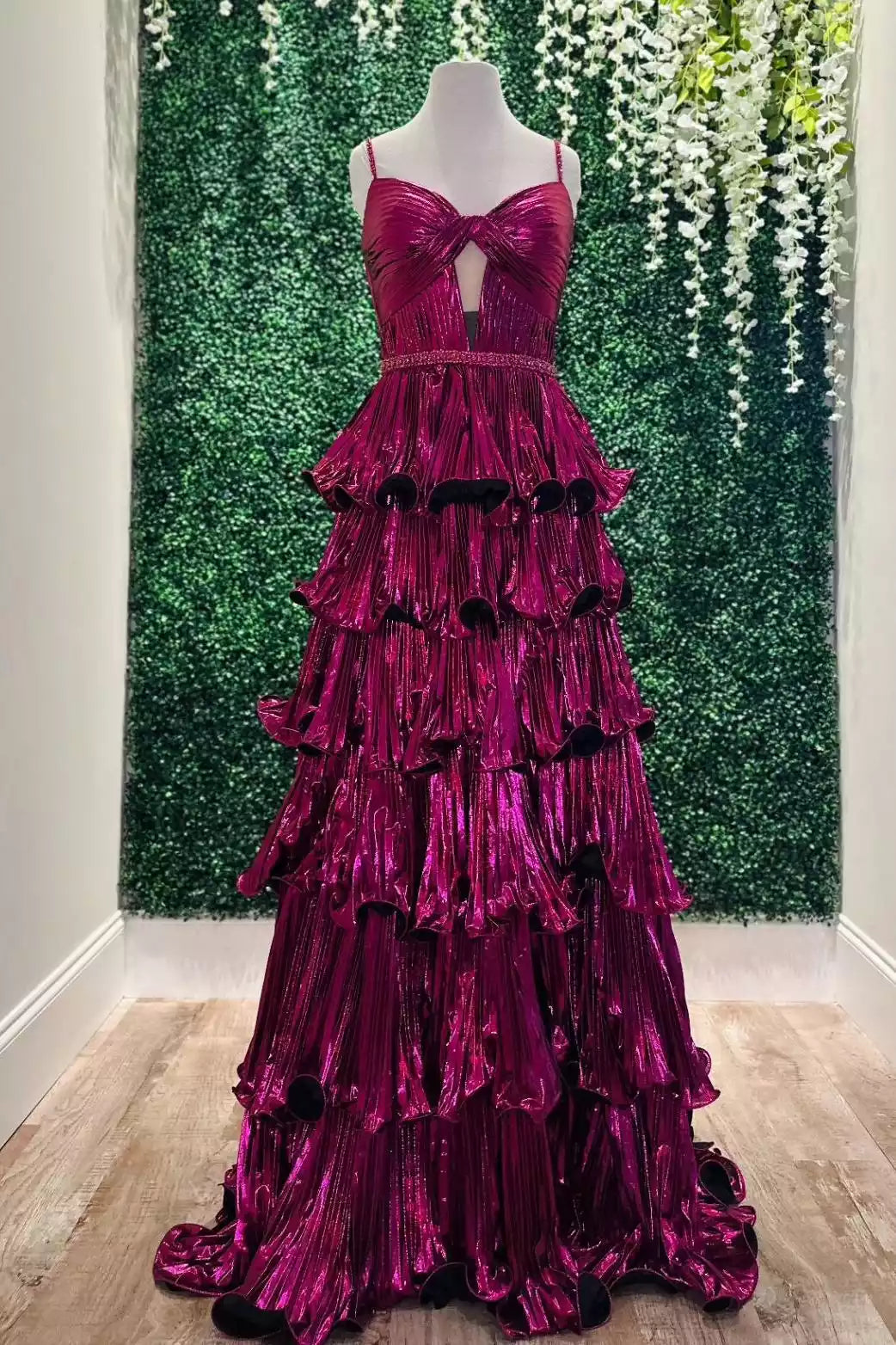 Burgundy Metallic Satin Tiered-Ruffle Gown – Bold & Glamorous Evening Party Dress