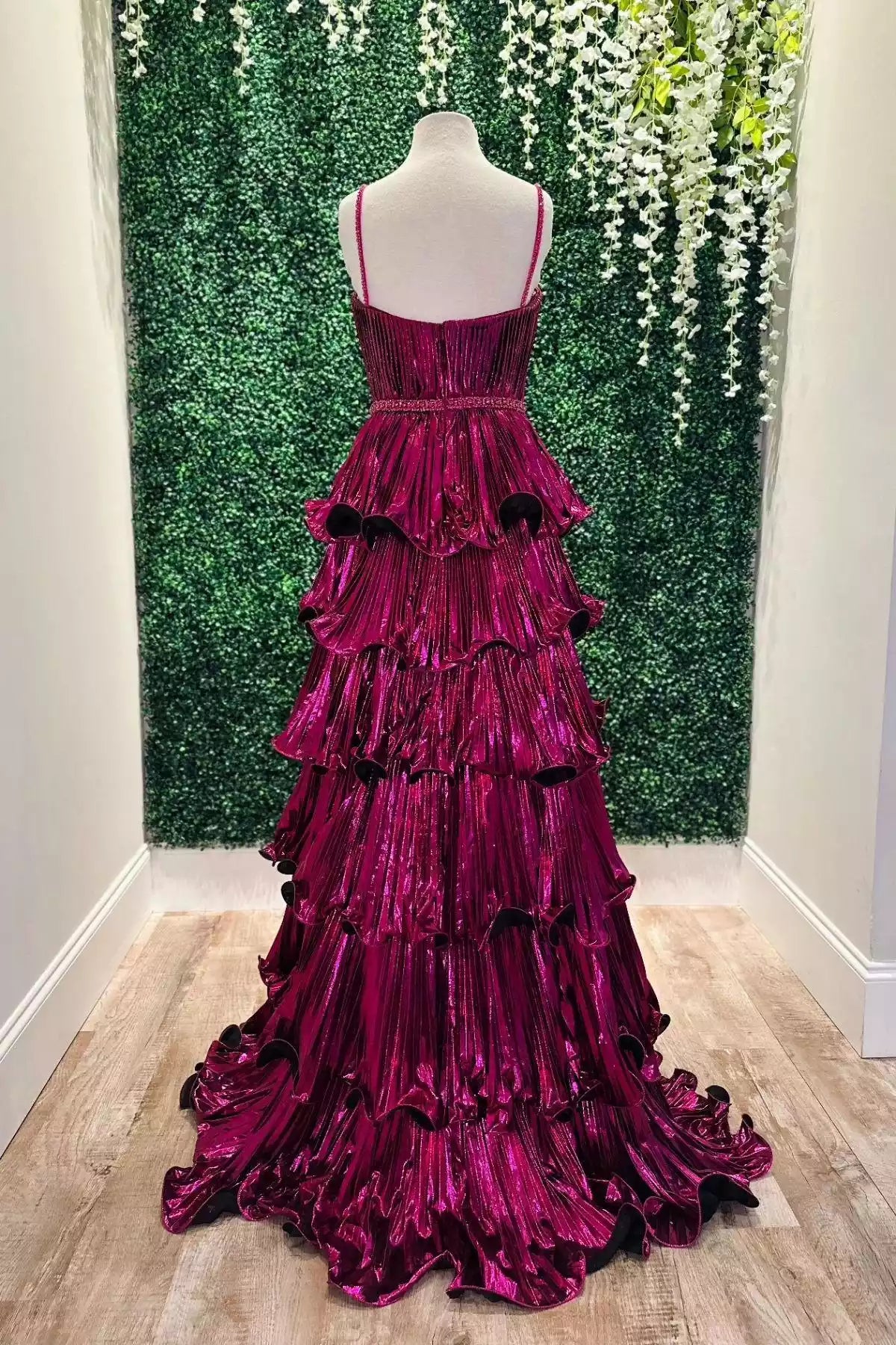 Burgundy Metallic Satin Tiered-Ruffle Gown – Bold & Glamorous Evening Party Dress