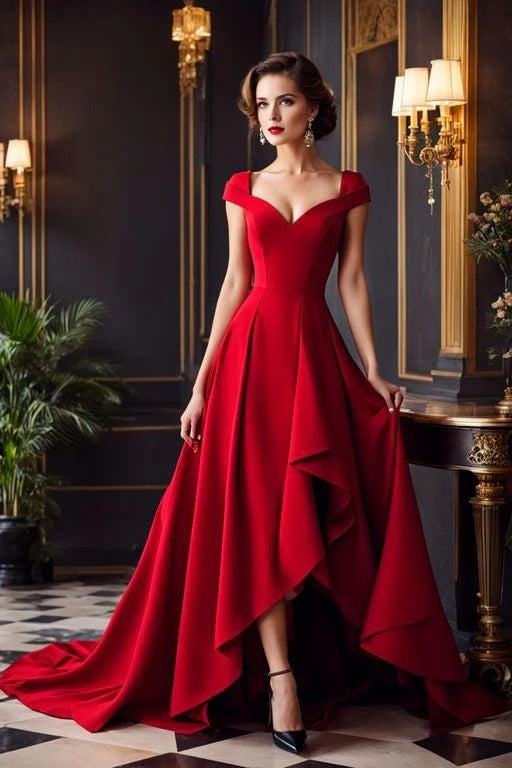 Burgundy Off-the-Shoulder High-Low Train Gown – Formal Evening Wedding Dress