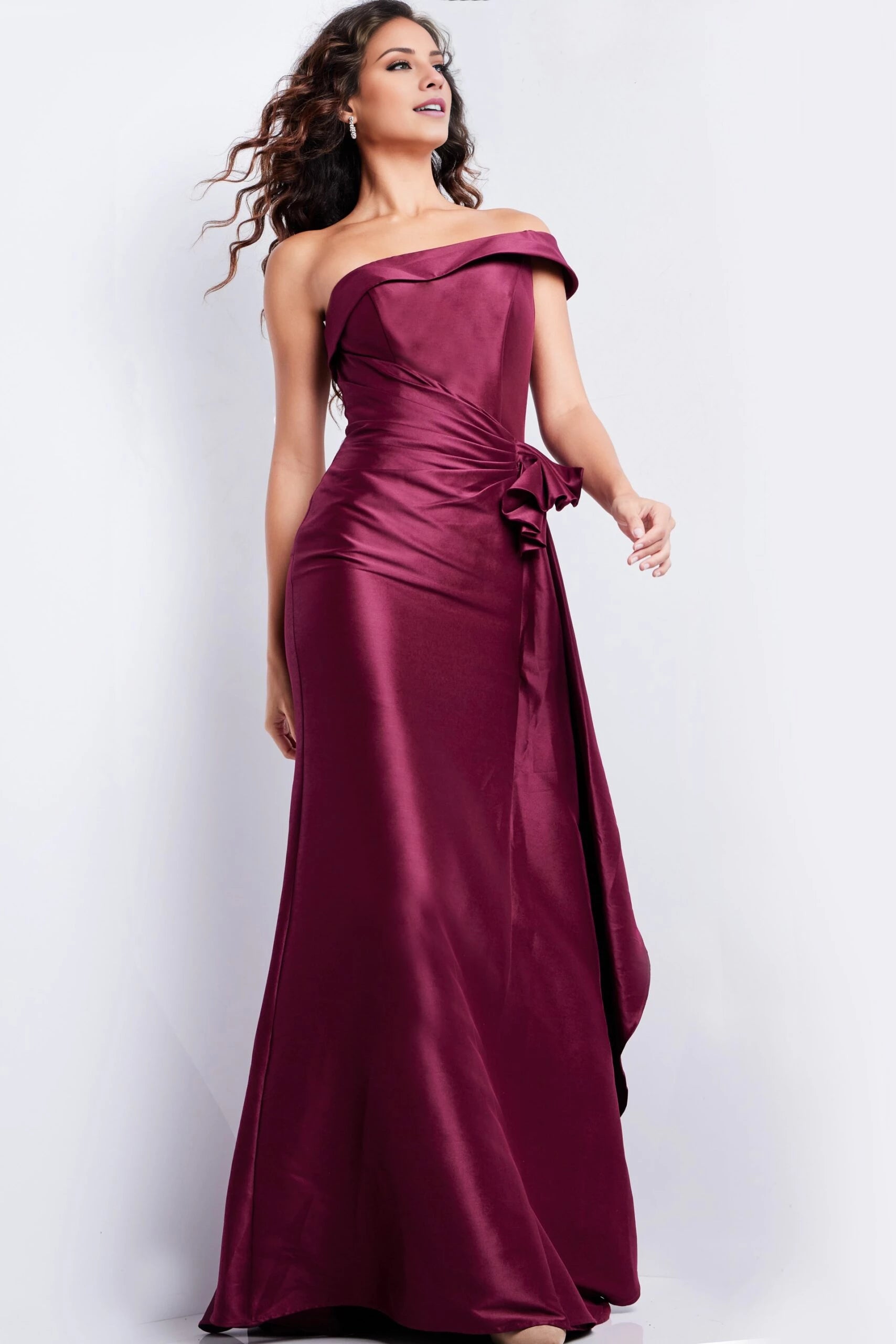 Burgundy One Shoulder Ruched Waist Gown Evening Dresses
