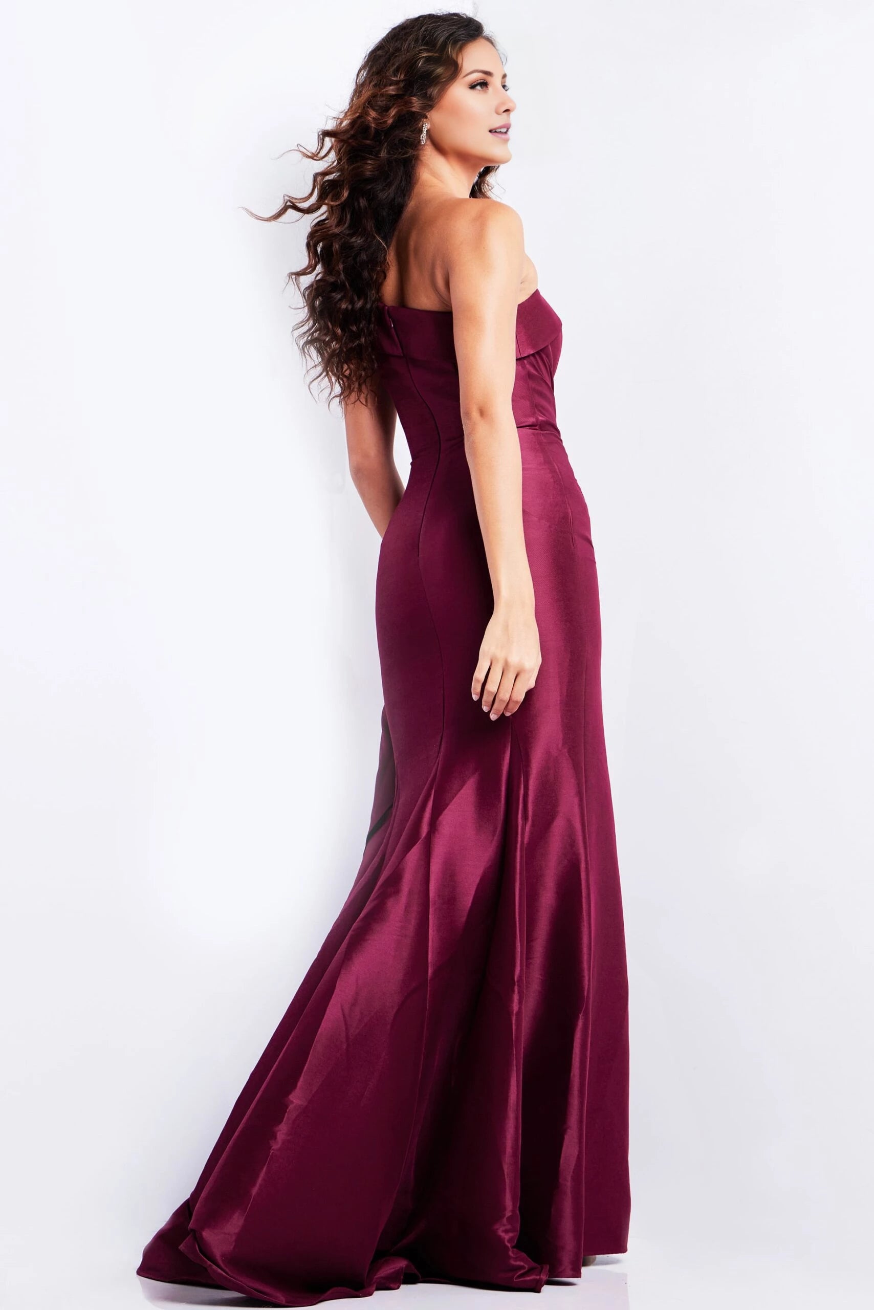 Burgundy One Shoulder Ruched Waist Gown Evening Dresses