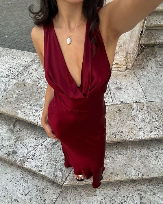 Burgundy Red Halter Neck Cowl Back Satin Mermaid Maxi Gown with Train